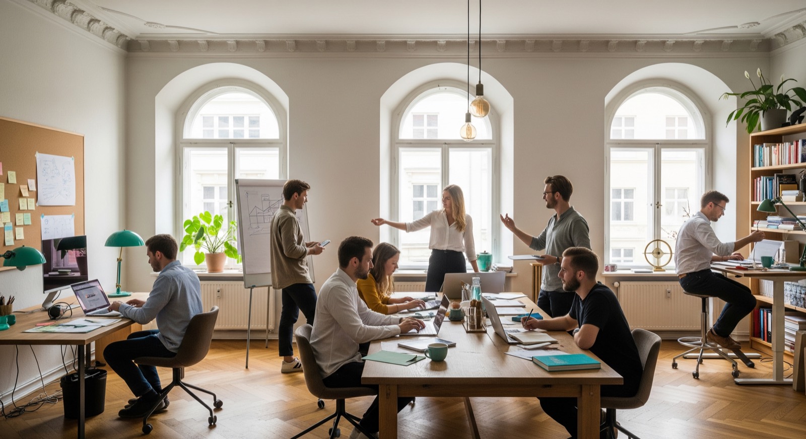 Mittelständisches Büro mit hellen Bogenfenstern